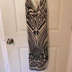 Tan and black sequin body con dress